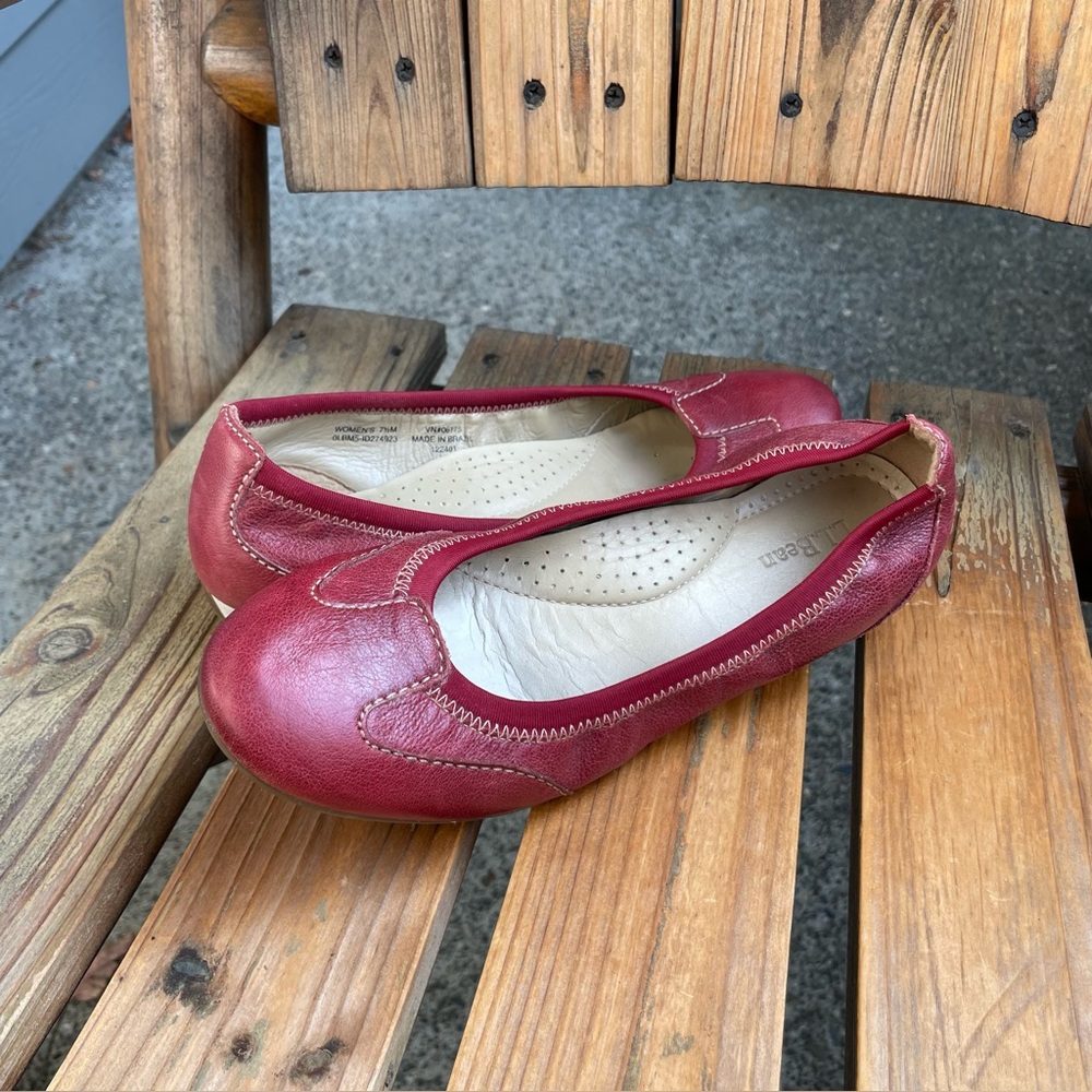 L.L. Bean Red Leather Flats Womens Size 7.5 Made In Brazil